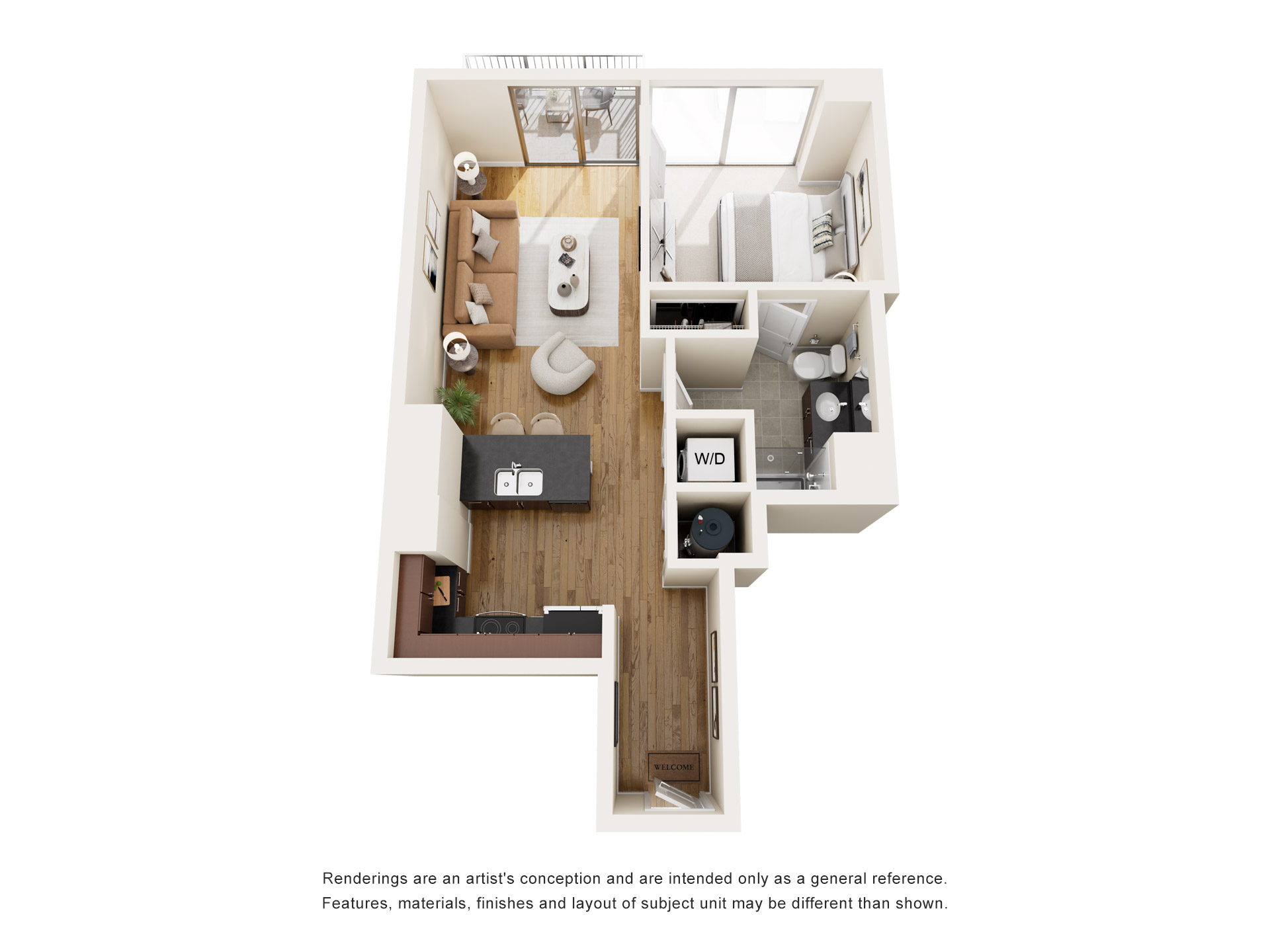 Floor plan for 1 bed, 1 bath, 685 sqft